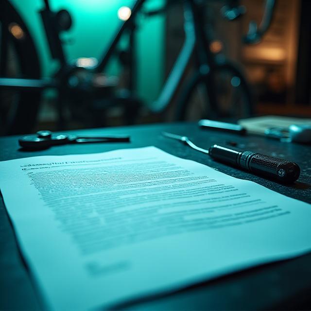 Documentazione tecnica e chiavi di una bicicletta su un banco da lavoro moderno