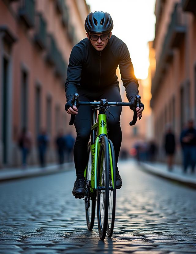 Ciclista urbano a Roma con bicicletta professionale